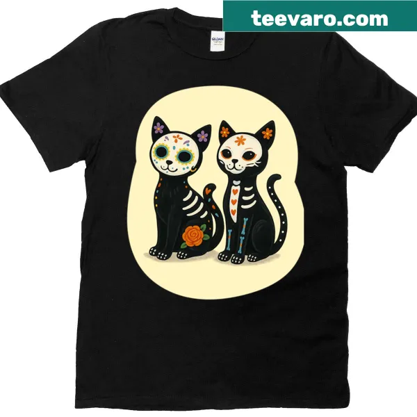 Illustrated cats with calavera designs on Halloween t-shirt