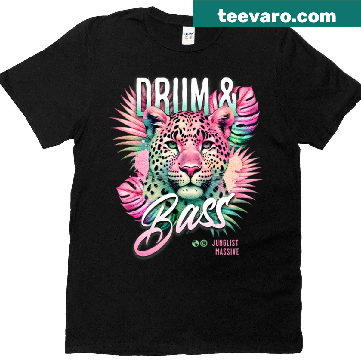 Oversized T-shirt featuring a playful pink leopard and tropical plants design — on a men's t-shirt