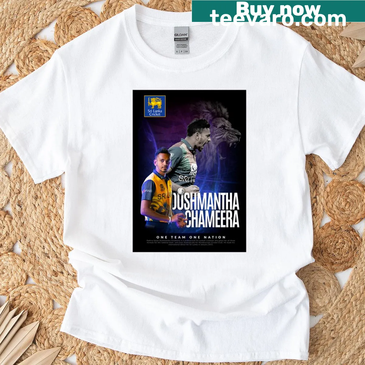 Dushmantha Chameera T-shirt with cricket-themed graphic — on a men's t-shirt