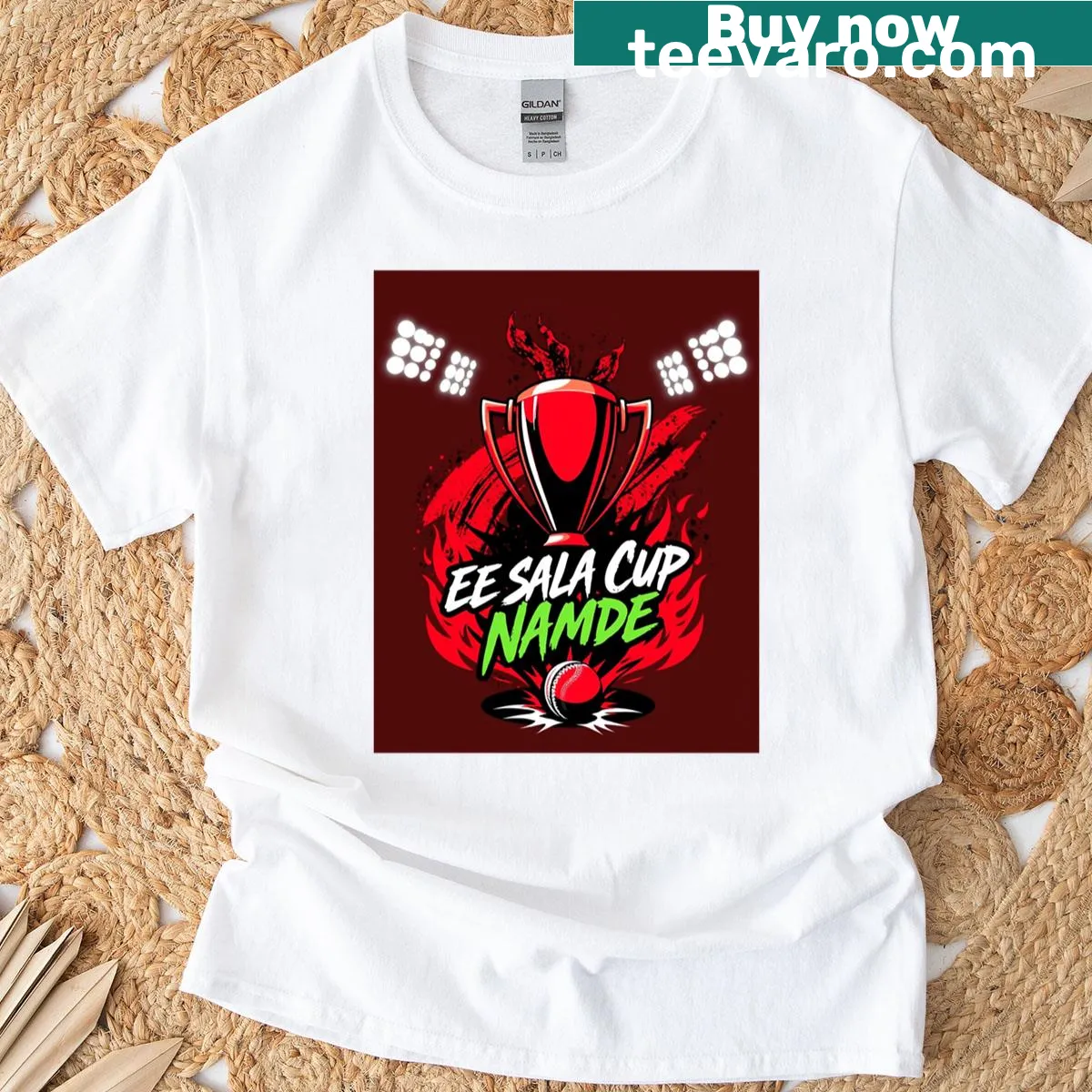 RCB theme cricket T-shirt with bold text — on a men's t-shirt
