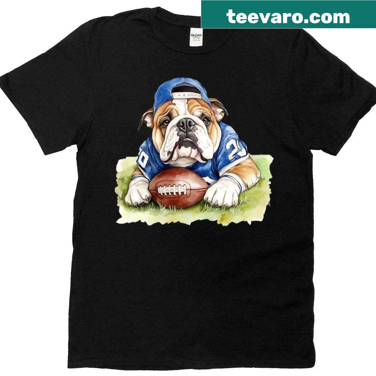 T-shirt featuring an English Bulldog in football gear ready for a game — on a men's t-shirt