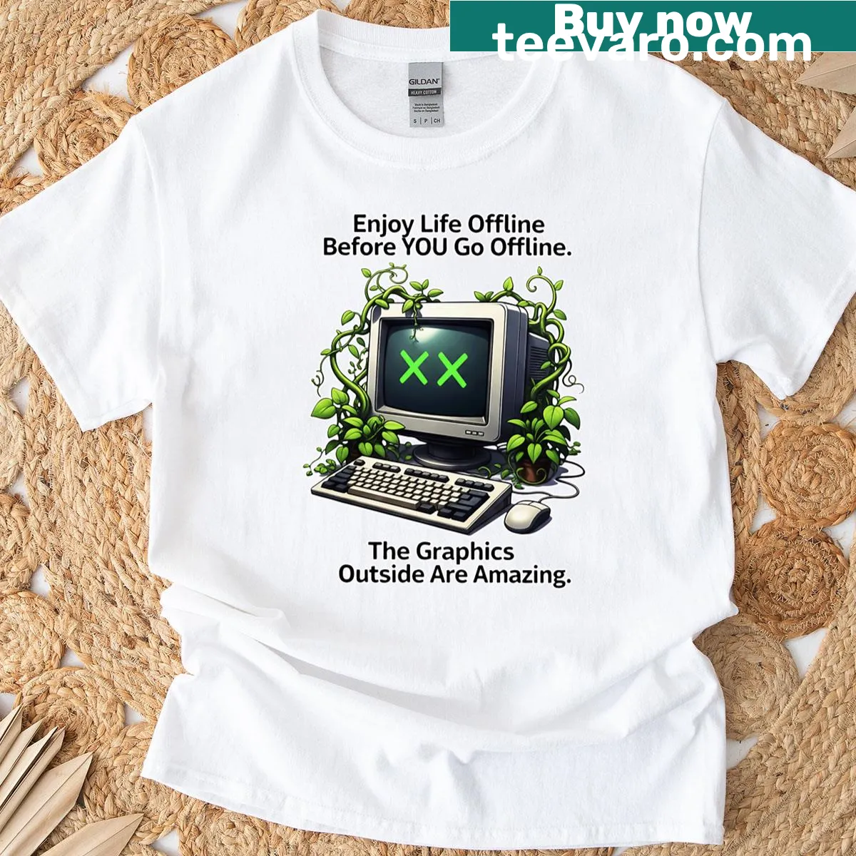 Retro computer graphic with nature-themed quote — on a men's t-shirt