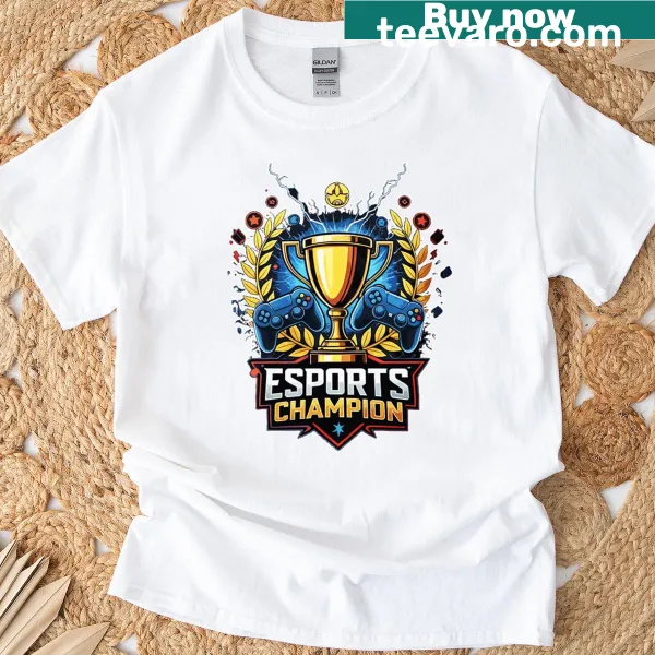 Golden trophy with gaming controllers icons on T-shirt
