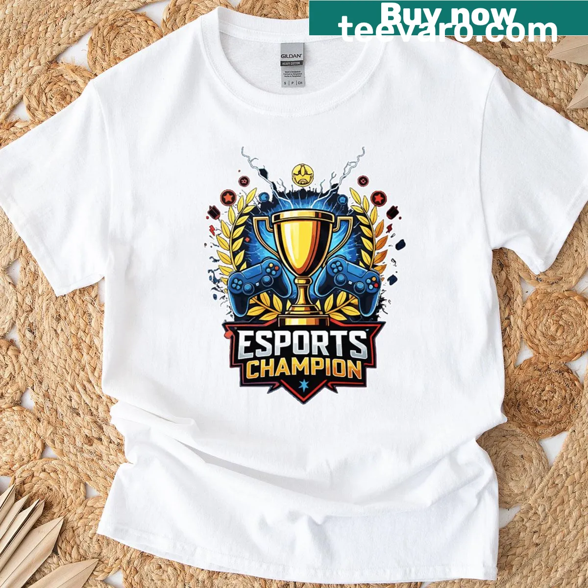 Golden trophy with gaming controllers icons on T-shirt — on a men's t-shirt