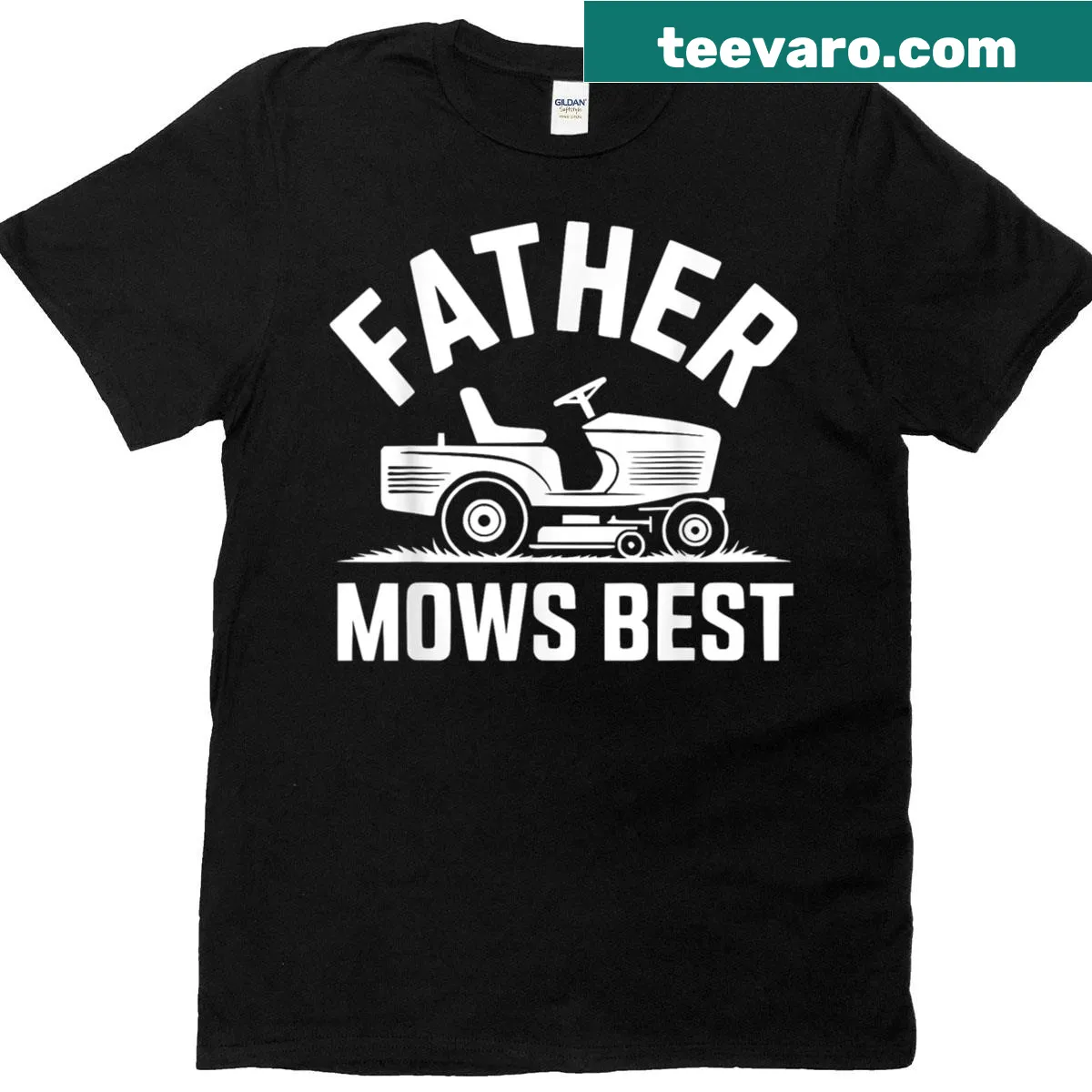 Funny T-shirt with 'Father Mows Best' text and lawn care graphics — on a men's t-shirt