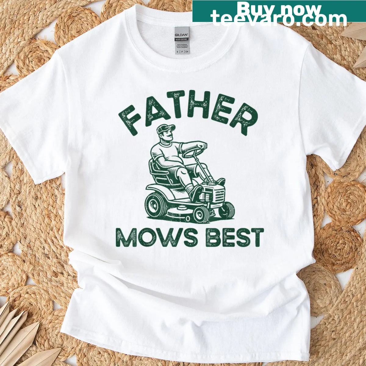 Funny t-shirt with 'Father Mows Best' text design — on a men's t-shirt