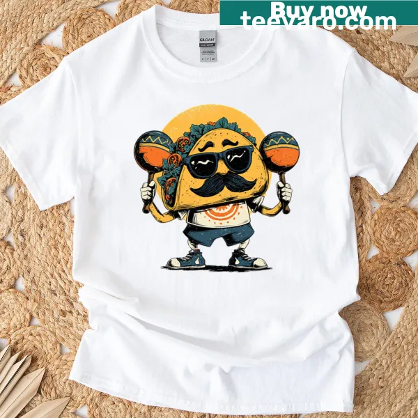 T-shirt featuring a taco character with maracas and sunglasses