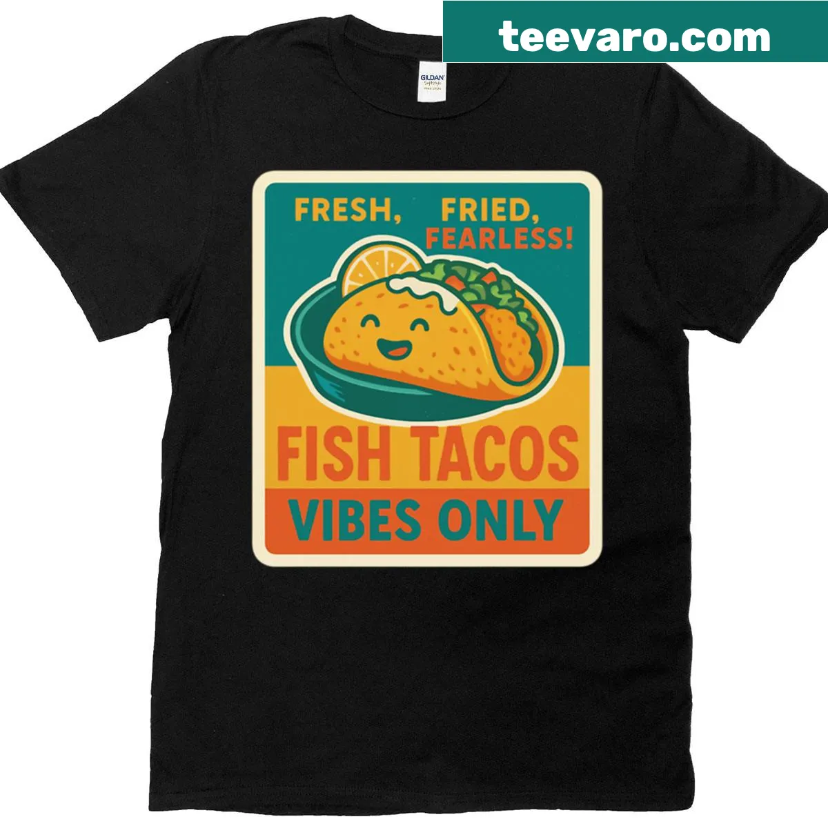 Retro fish taco truck design on t-shirt — on a men's t-shirt