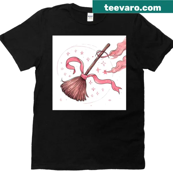 Whimsical flying broom graphic on a t-shirt