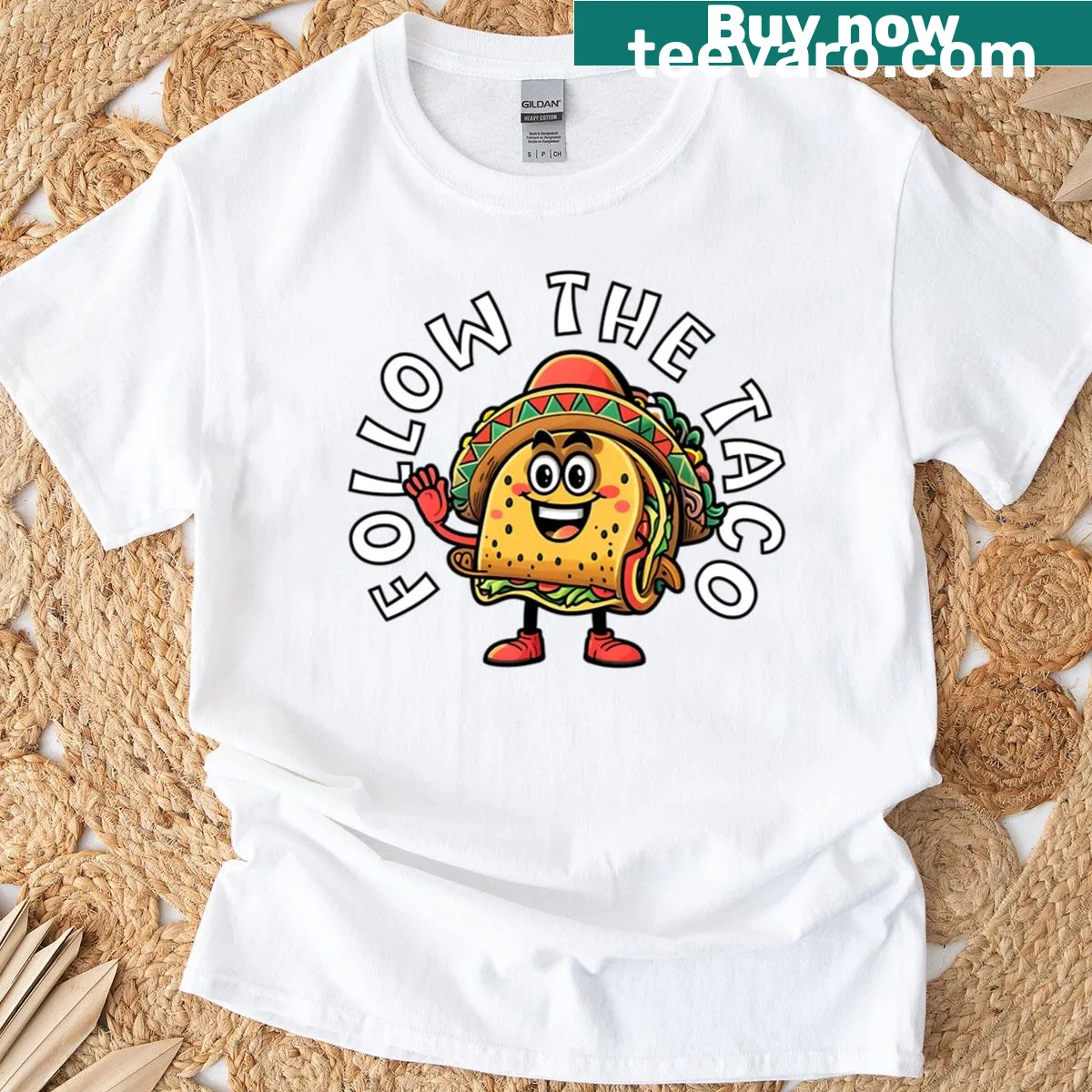 Cartoon taco character on a T-shirt with 'Follow The Taco' text — on a men's t-shirt
