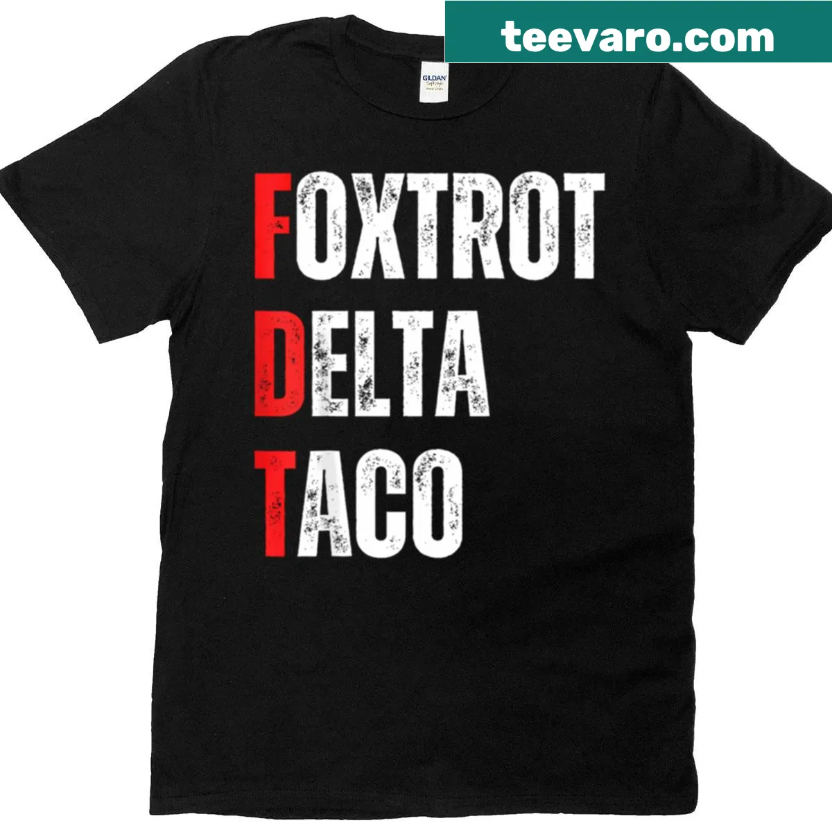 T-shirt with humorous text 'Foxtrot Delta Taco Trump' — on a men's t-shirt