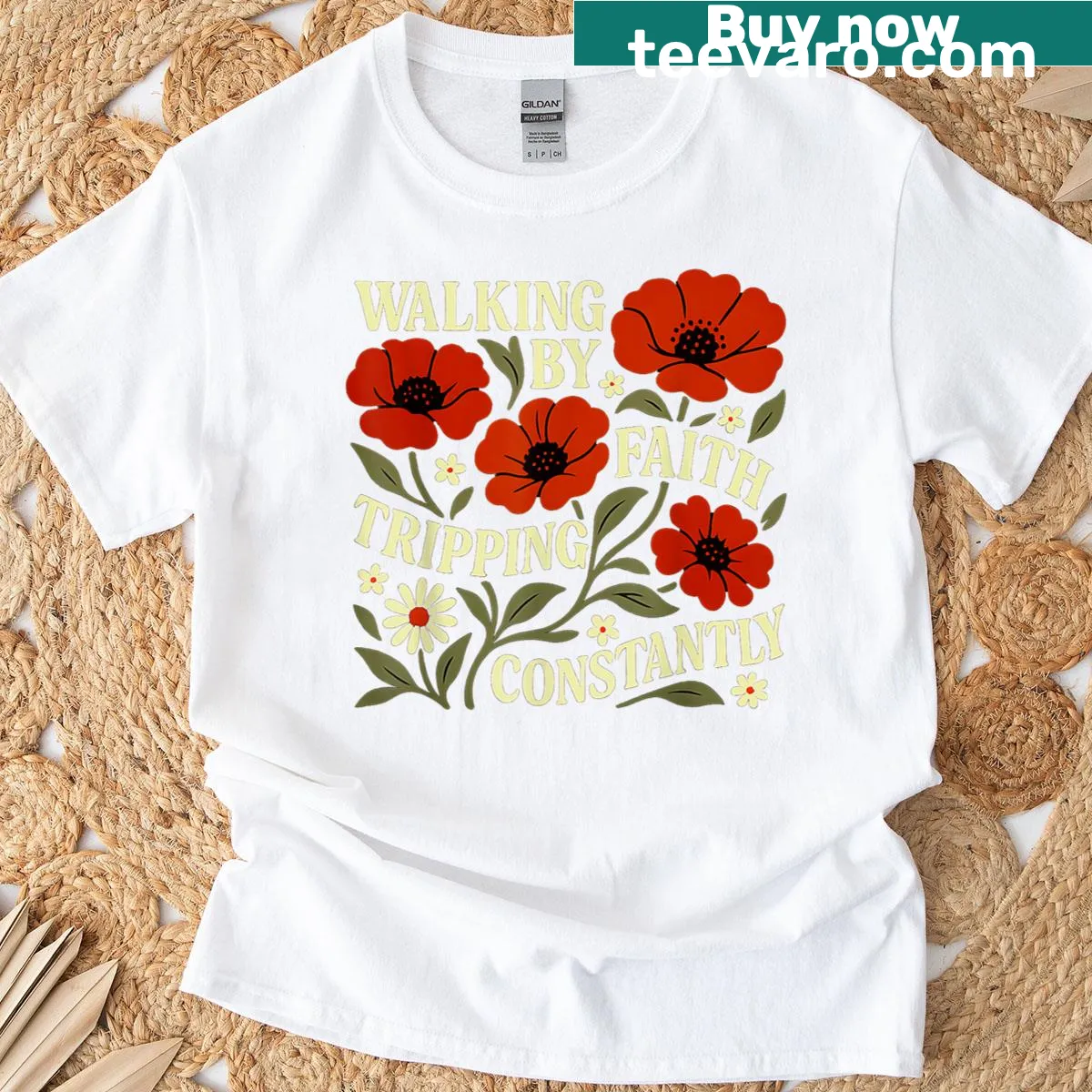 Humorous Christian t-shirt featuring 'Walking By Faith Tripping Constantly' text — on a men's t-shirt
