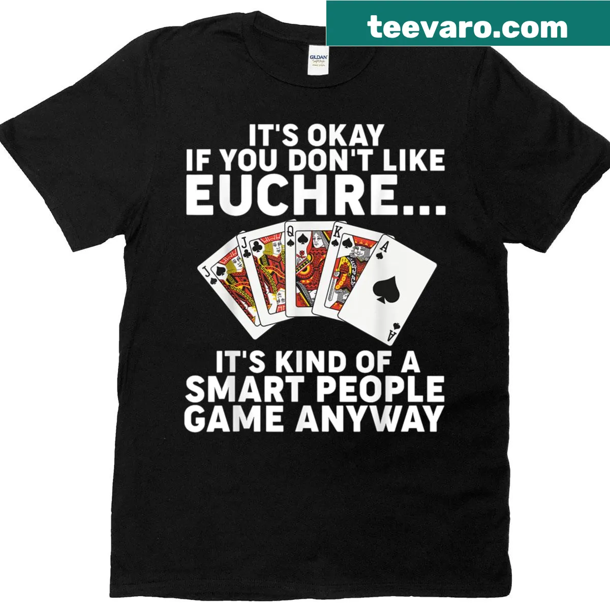 T-shirt with humorous euchre-themed art for card game lovers — on a men's t-shirt