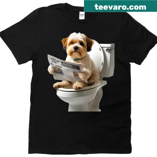 Graphic t-shirt featuring a Maltipoo on toilet reading newspaper