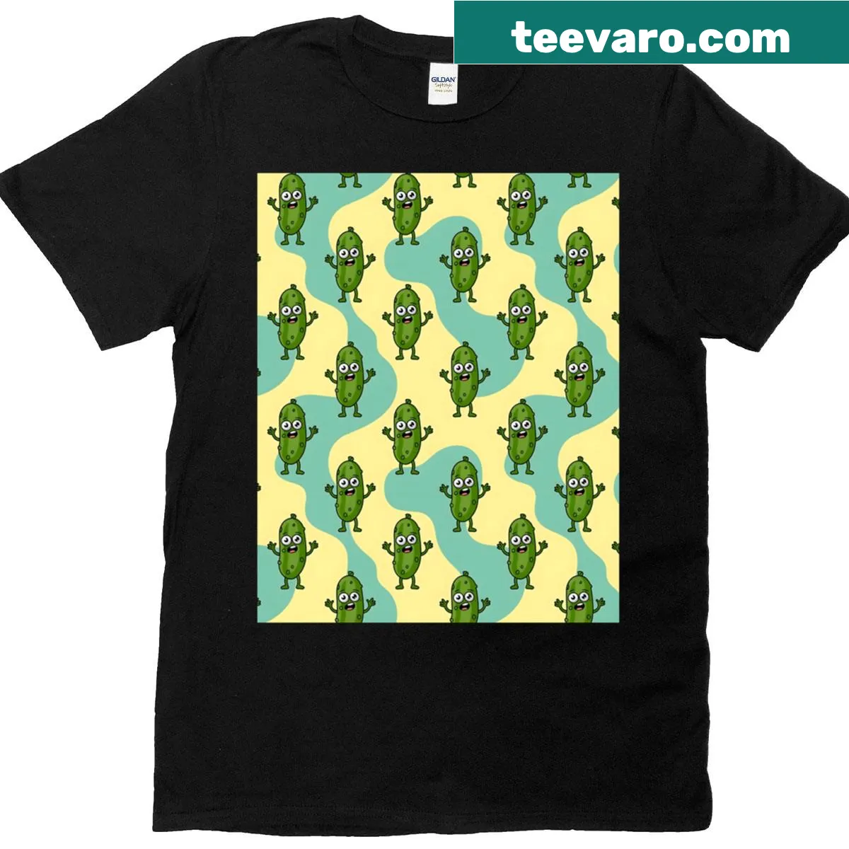 Funny cartoon pickles pattern graphic t-shirt — on a men's t-shirt