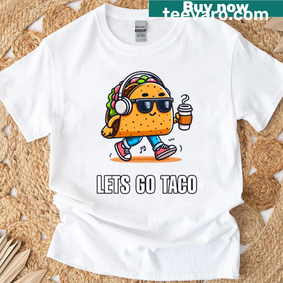 Walking taco character with headphones and coffee on T-shirt — on a men's t-shirt