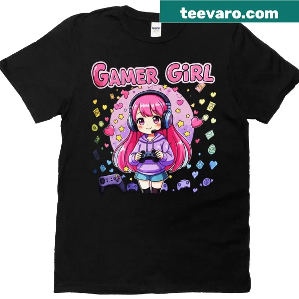 Anime-style gamer girl with pink hair and gaming icons t-shirt