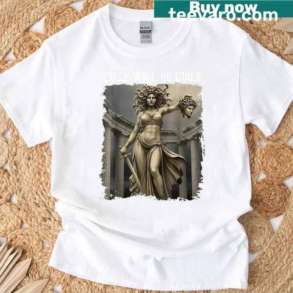 Feminist t-shirt with Medusa illustration and empowering text