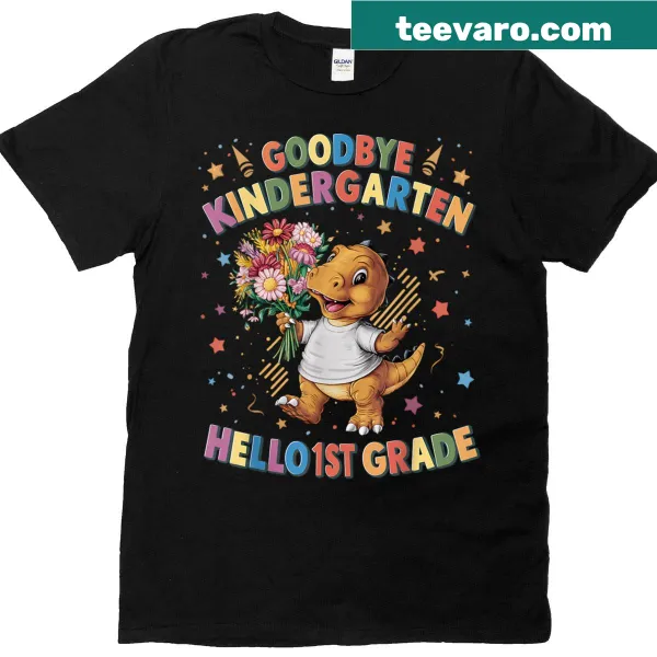 Cartoon dinosaur t-shirt celebrating transition to 1st grade