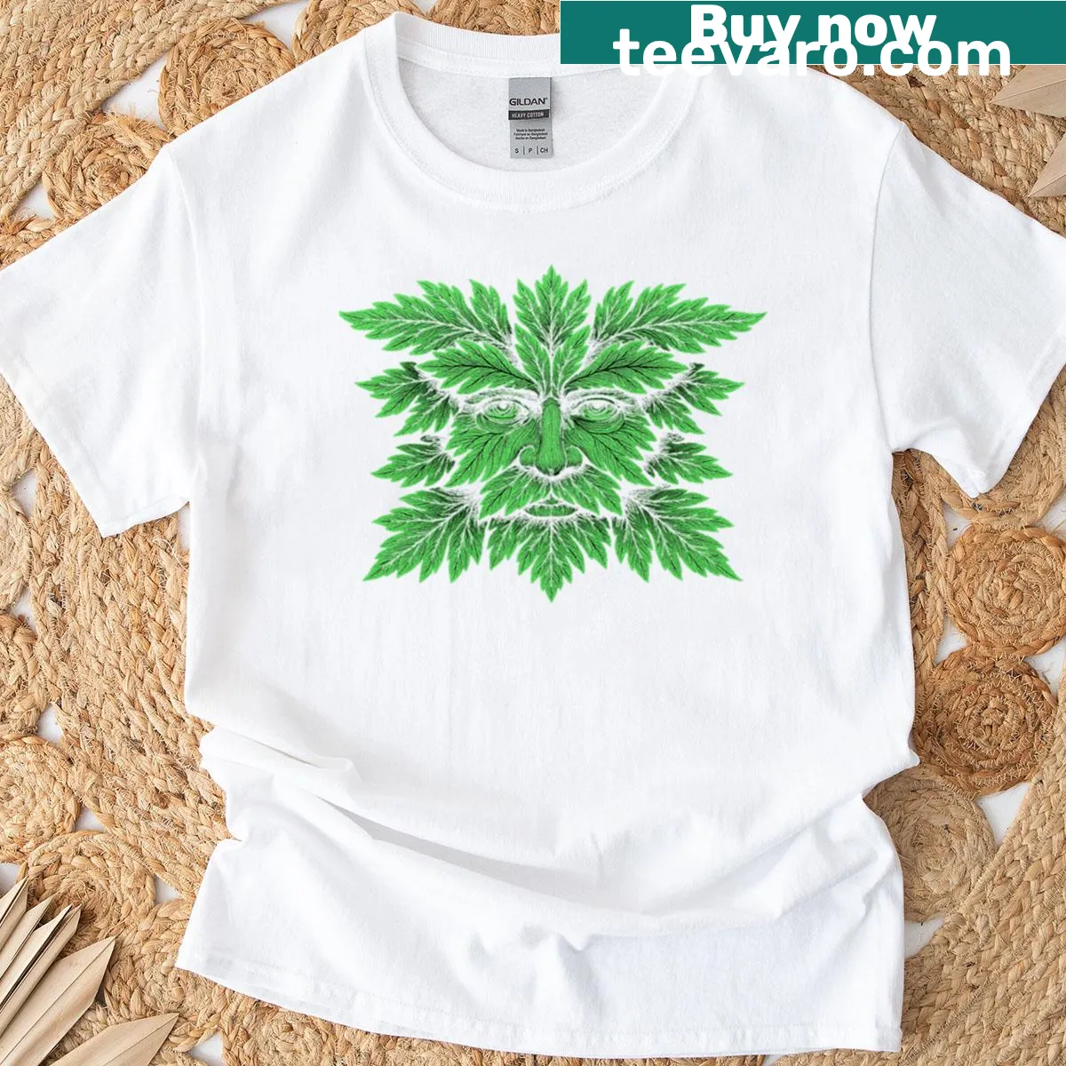 Illustrative t-shirt of the Greenman surrounded by leaves — on a men's t-shirt