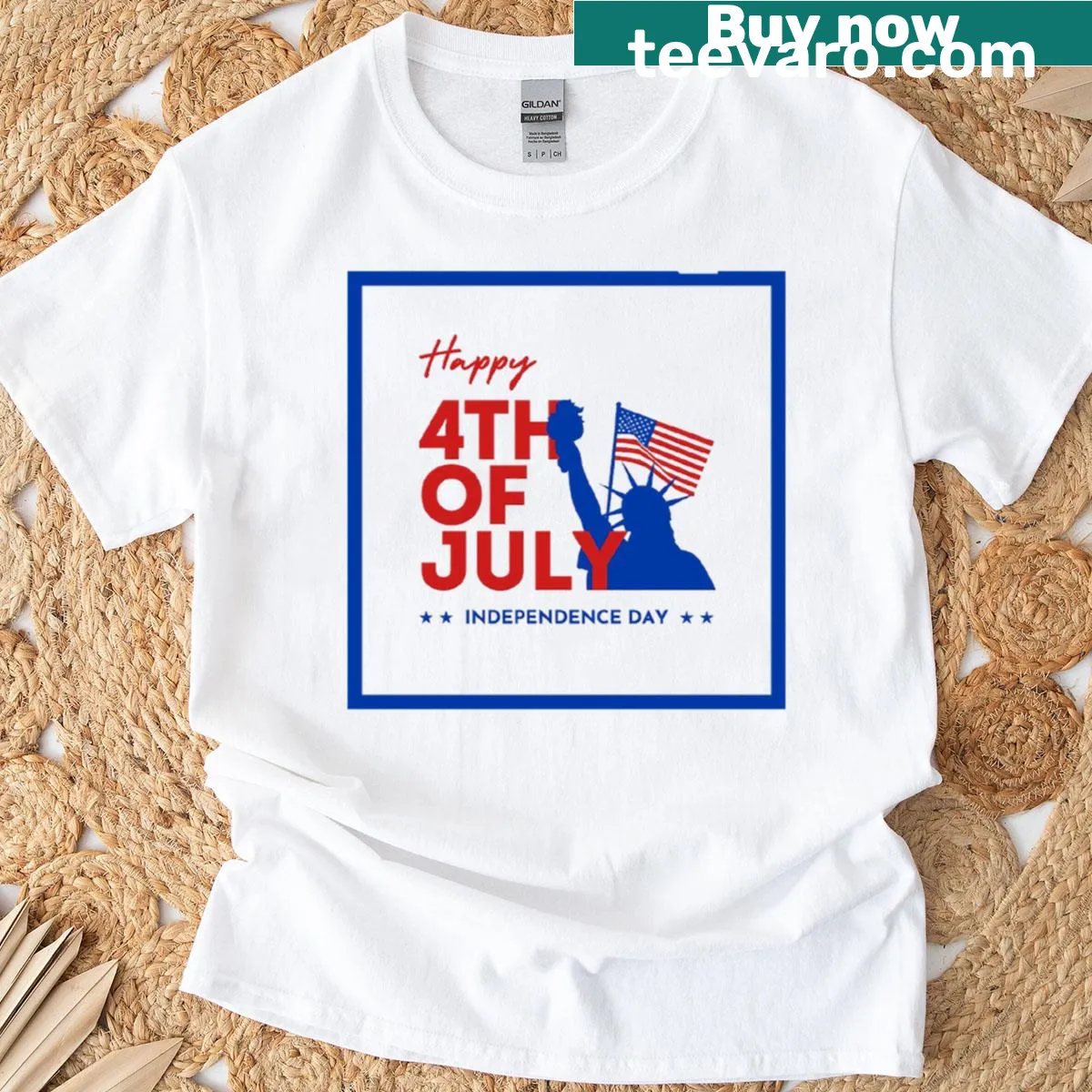 Illustrative 4th of July t-shirt featuring stars and stripes with festive text — on a men's t-shirt