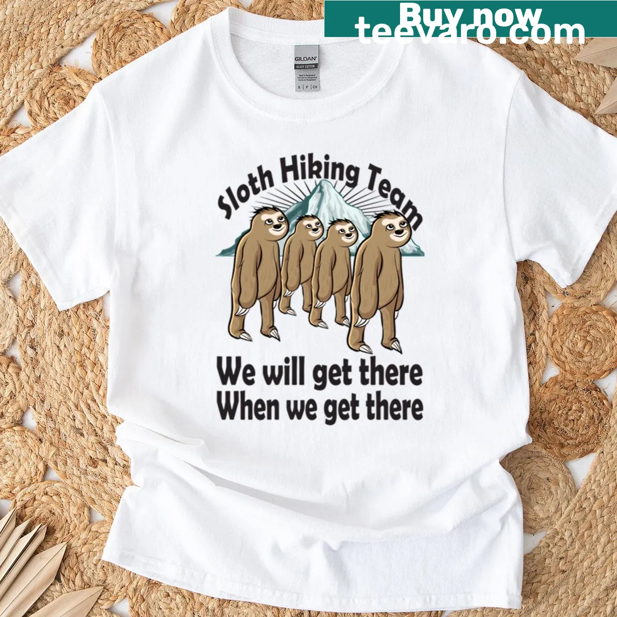 Sloth graphic on a hiking-themed T-shirt, celebrating leisurely hikes — on a men's t-shirt