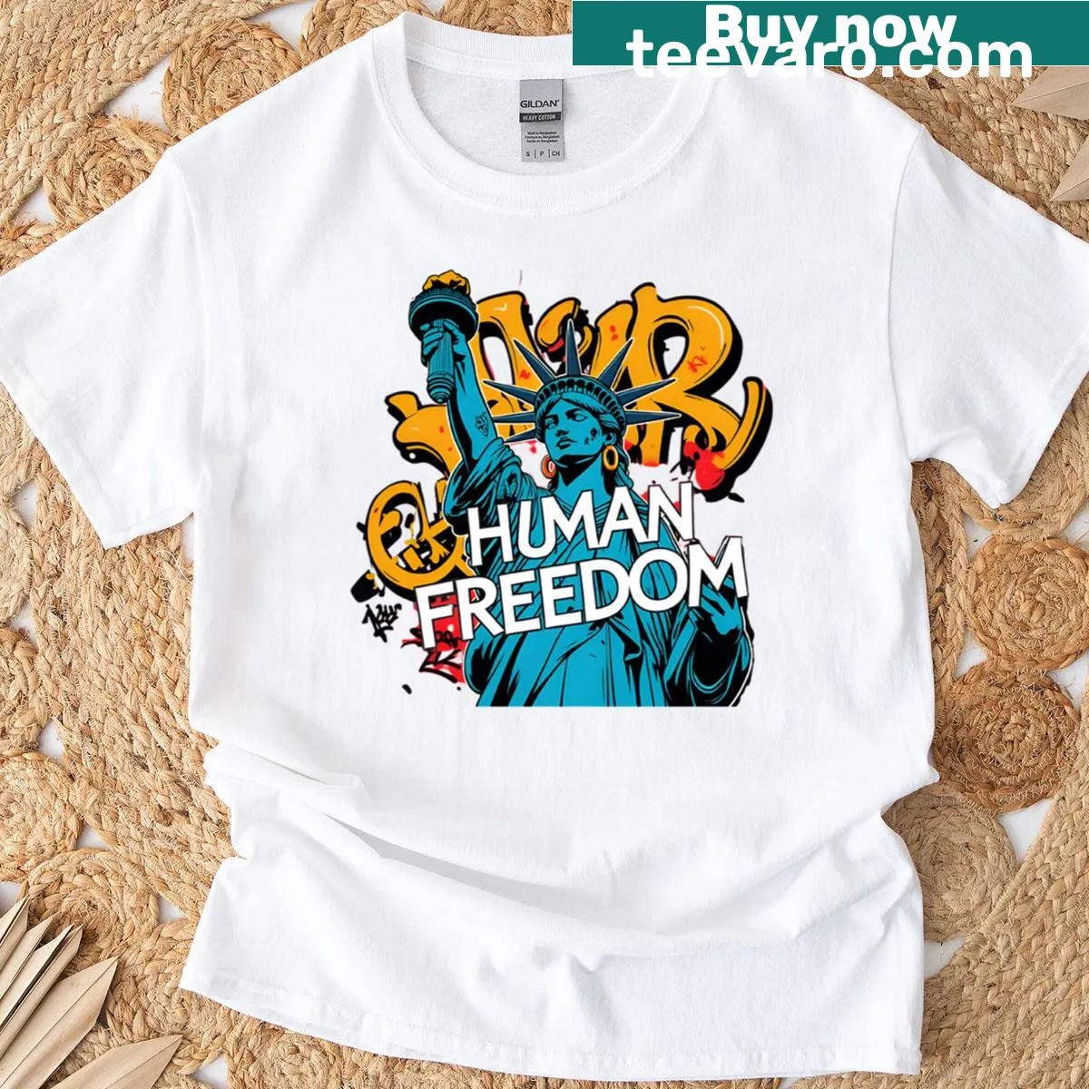 T-shirt with typography promoting themes of human freedom and justice — on a men's t-shirt