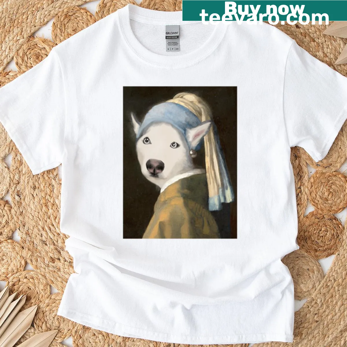 Oversized t-shirt with a husky dog illustration inspired by classic art — on a men's t-shirt