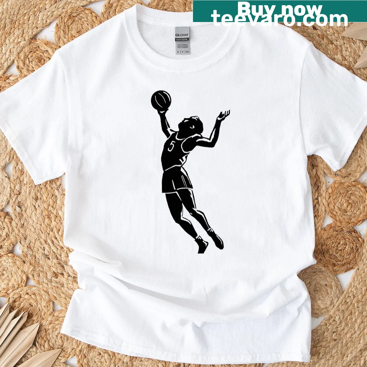 Illustrative t-shirt featuring a basketball player in action — on a men's t-shirt