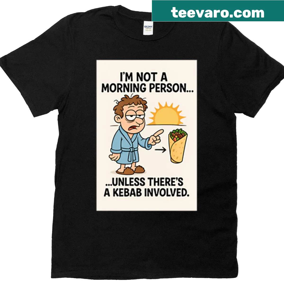 Humorous t-shirt about mornings and kebabs — on a men's t-shirt