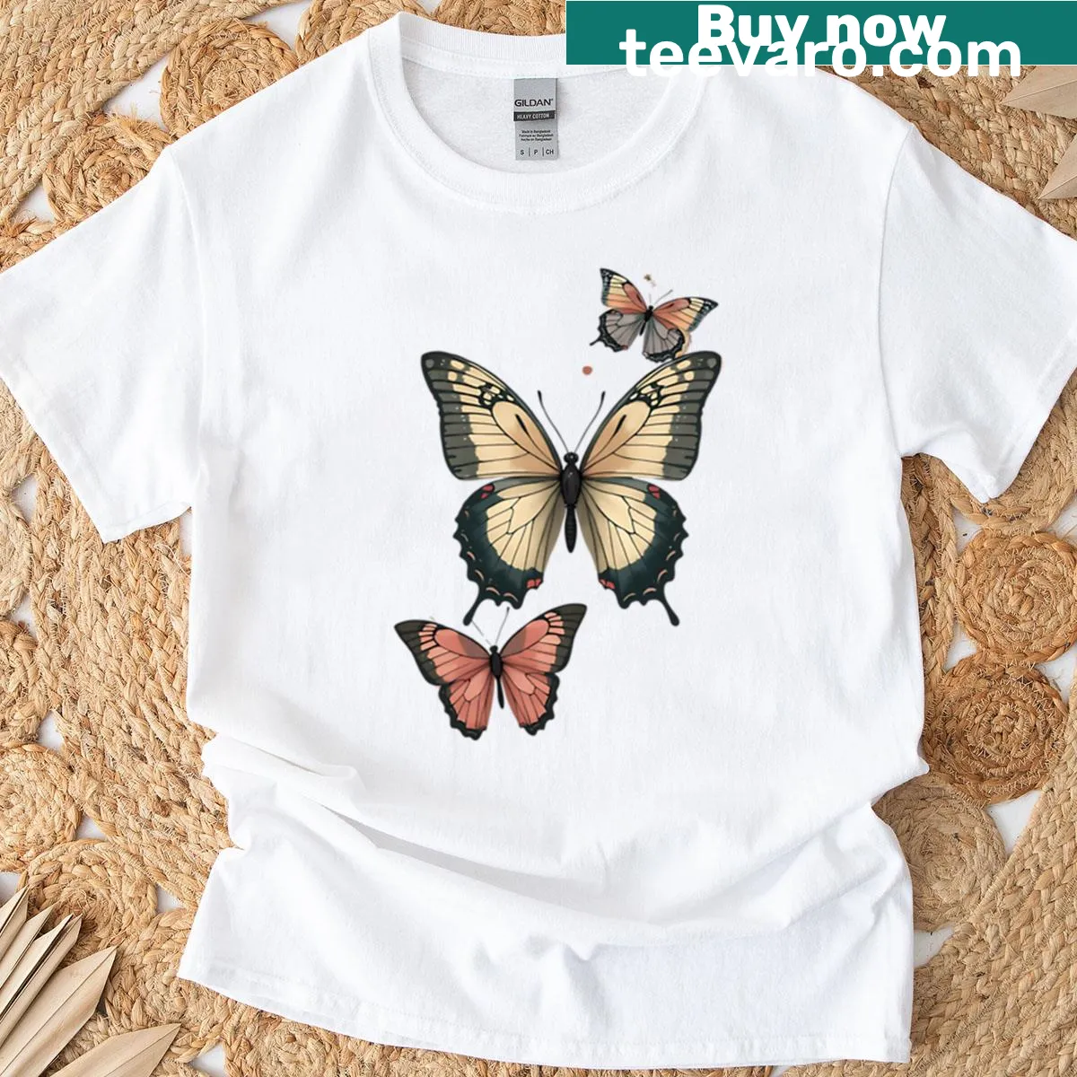 Indie aesthetic T-shirt with a butterfly collage design — on a men's t-shirt