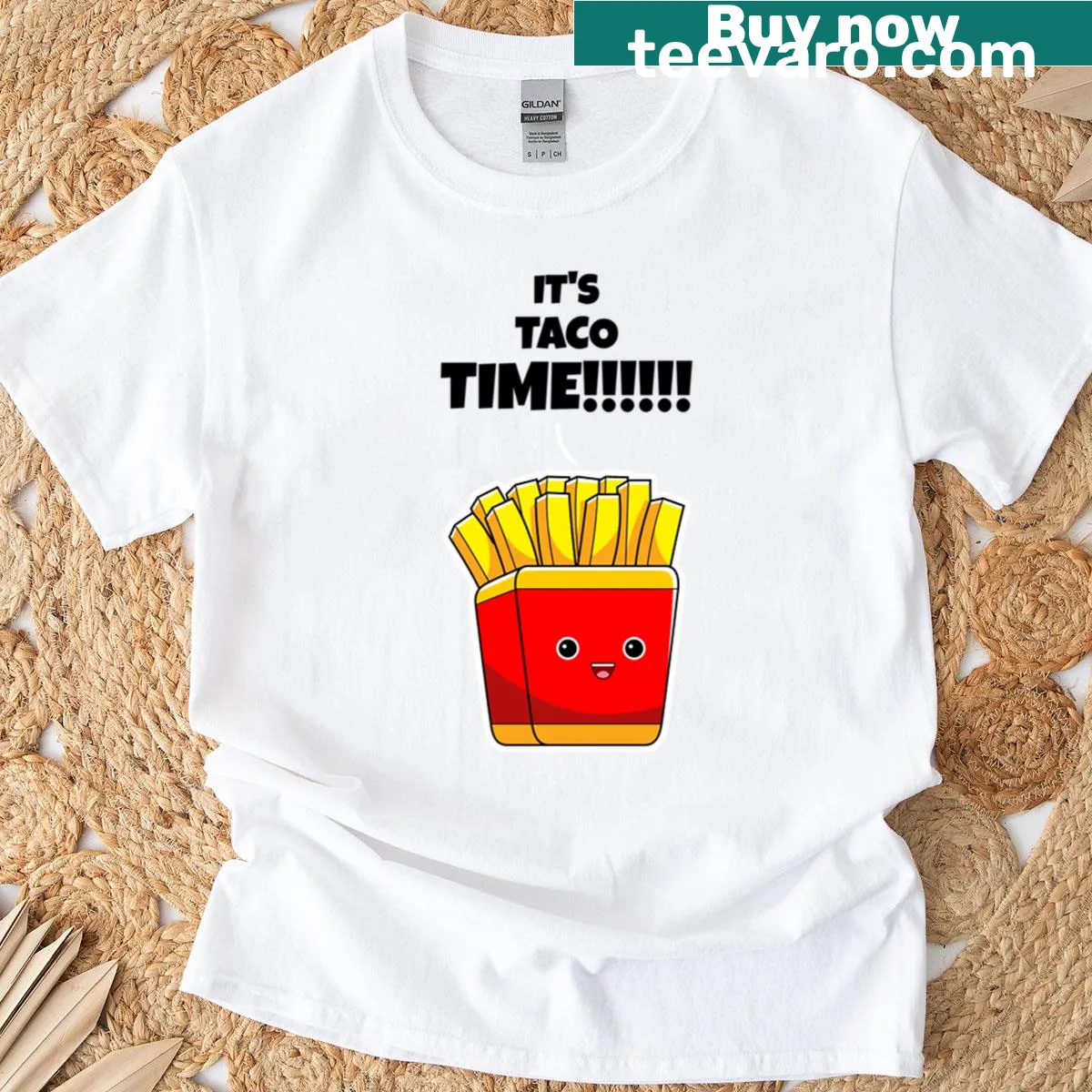 Funny T-shirt with a taco and fries theme. — on a men's t-shirt