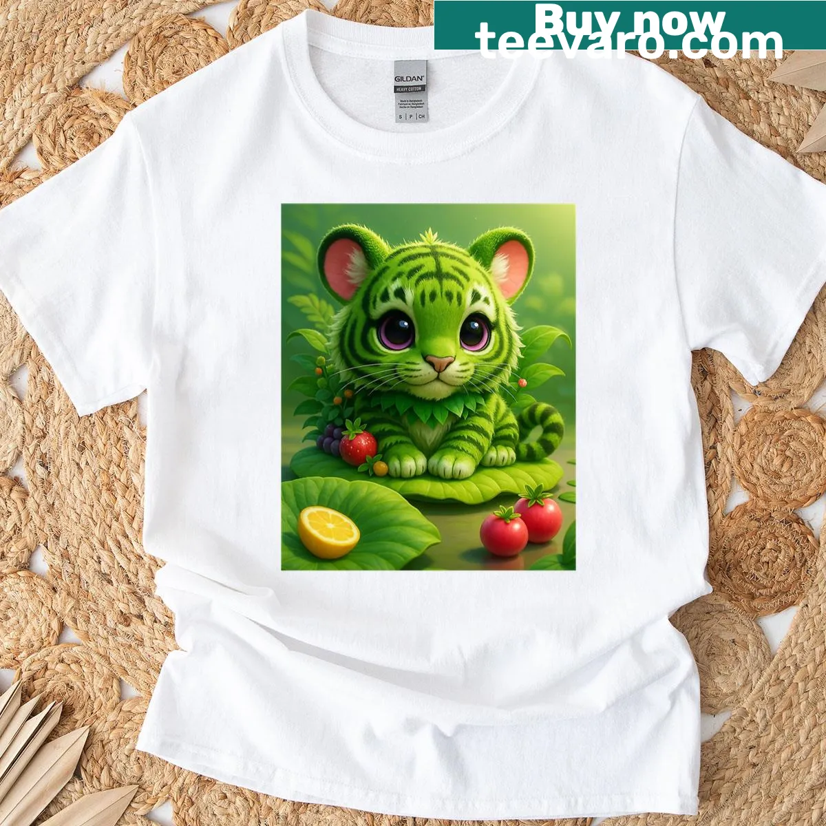 Illustration of a tiger cub among fruits on a T-shirt — on a men's t-shirt