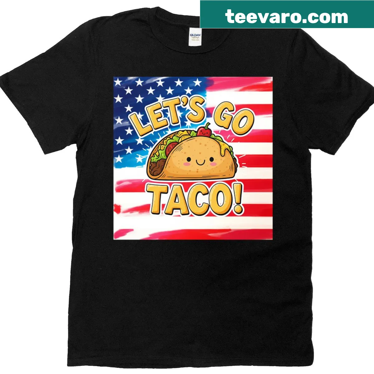 Funny oversized taco T-shirt featuring taco graphic with American flag — on a men's t-shirt