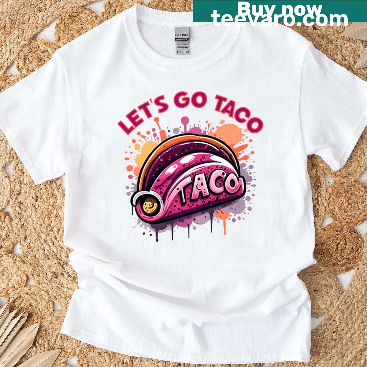 Oversized taco-themed T-shirt featuring street art style graphics. — on a men's t-shirt
