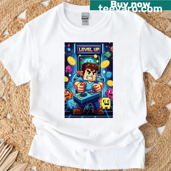 Retro arcade game-themed t-shirt with pixel art graphics