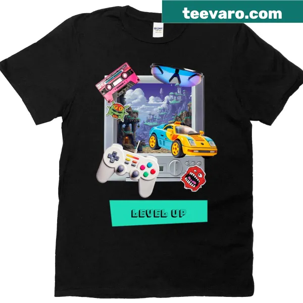 Video game t-shirt with 'Level Up' text