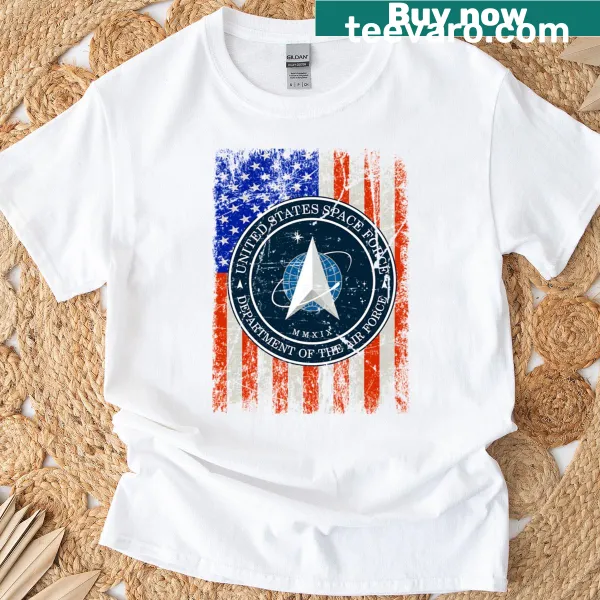 Space Force logo with American flag on T-shirt