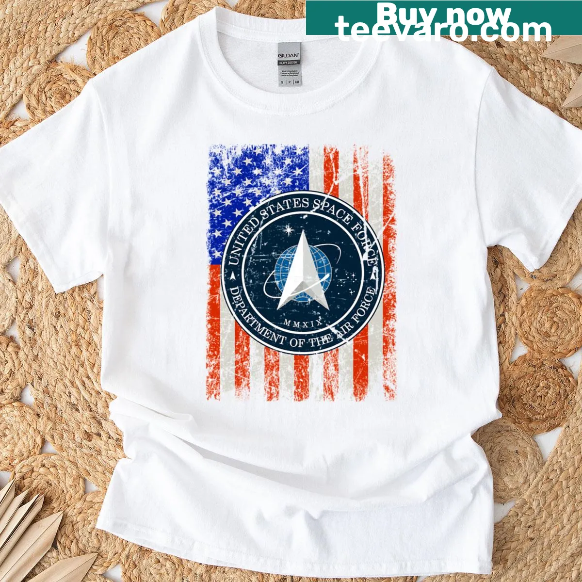 Space Force logo with American flag on T-shirt — on a men's t-shirt