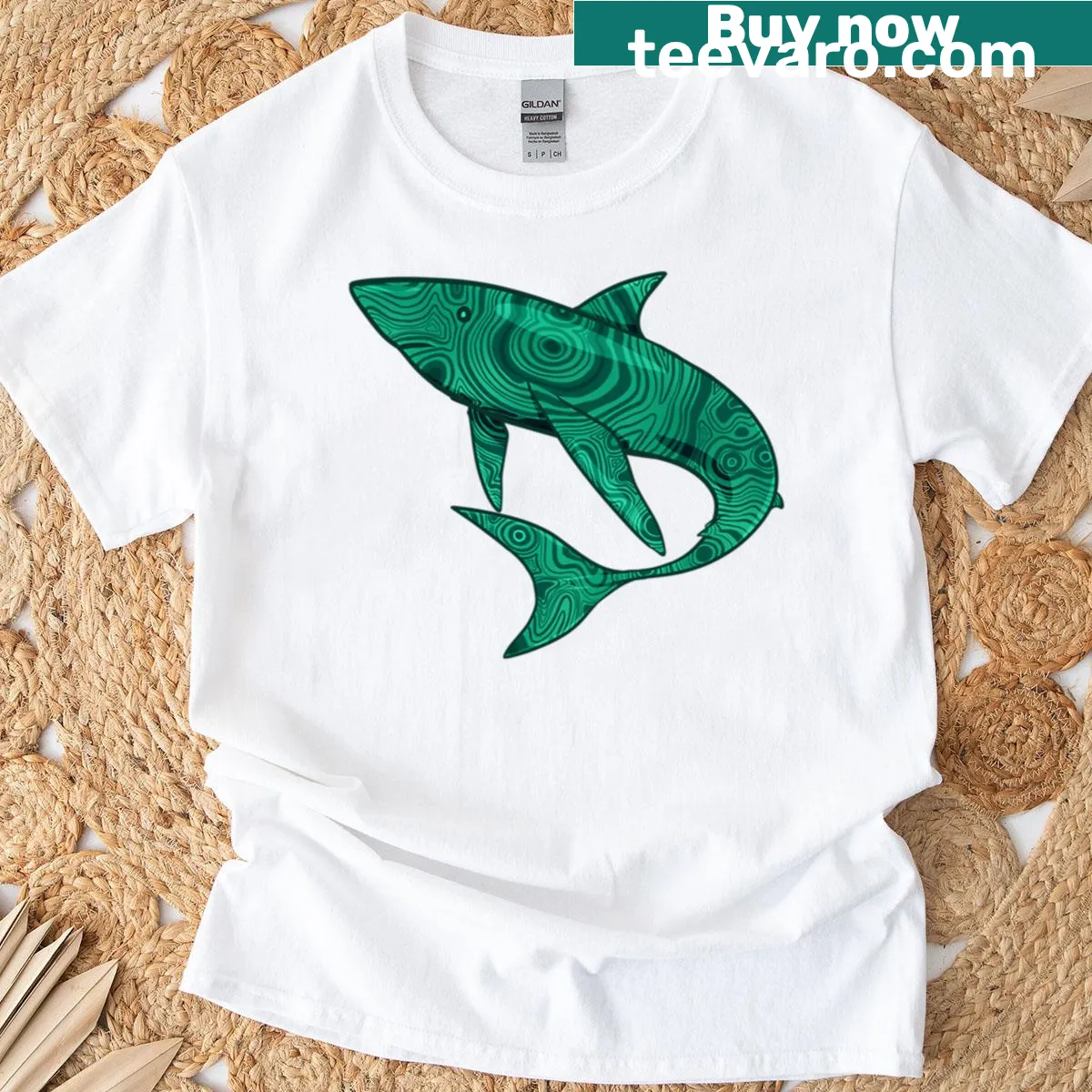 Cartoon t-shirt featuring a playful Malachite shark — on a men's t-shirt