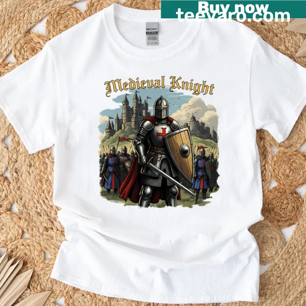 Knight in armor with sword and shield before a castle graphic