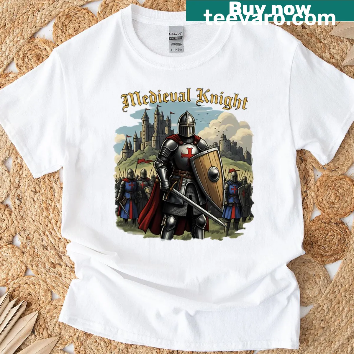 Knight in armor with sword and shield before a castle graphic — on a men's t-shirt