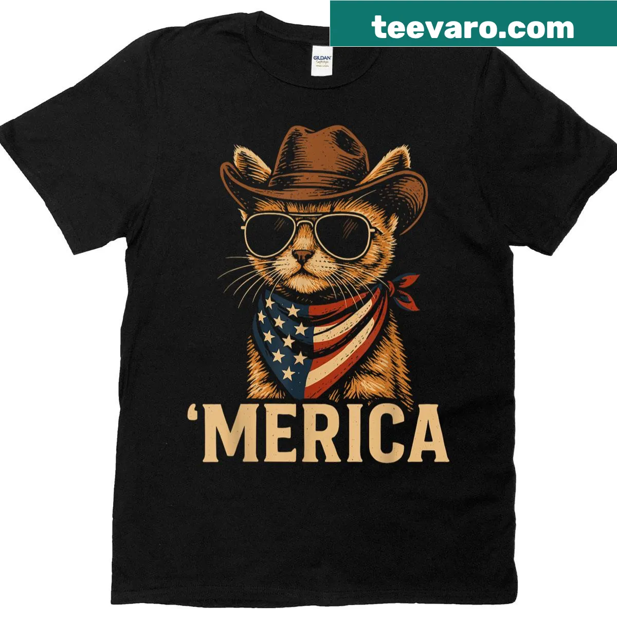 Funny 4th of July T-shirt with American flag and cat design — on a men's t-shirt
