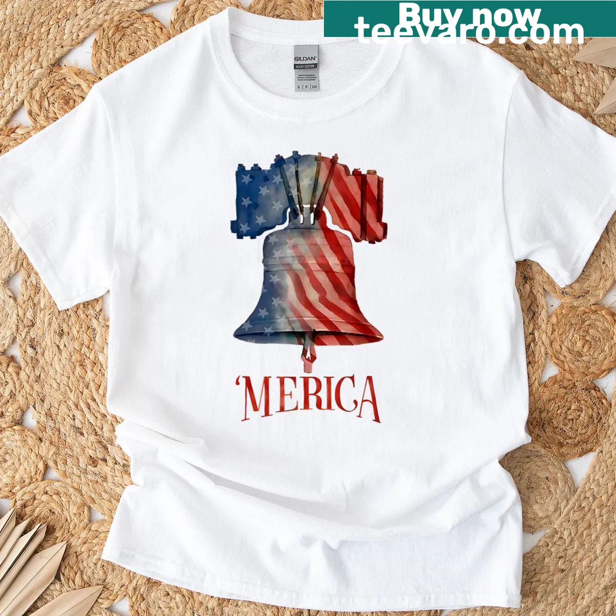 Patriotic design featuring Liberty Bell and American flag on T-shirt — on a men's t-shirt