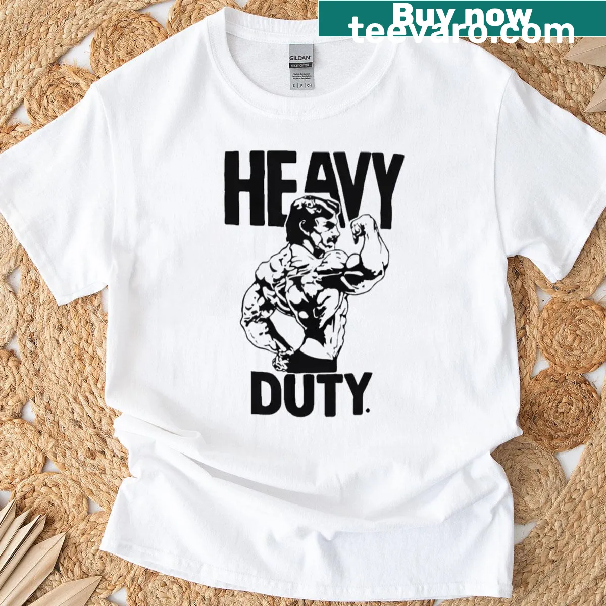 Minimalist Mike Mentzer Heavy Duty logo graphic t-shirt — on a men's t-shirt