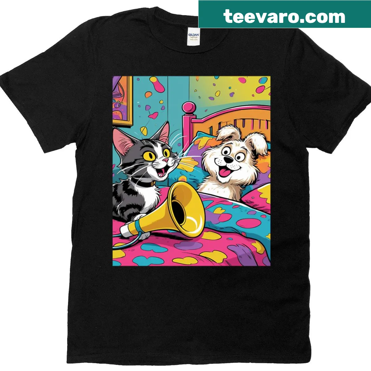 Minimalist T-shirt with line-art dog and cat illustrations — on a men's t-shirt