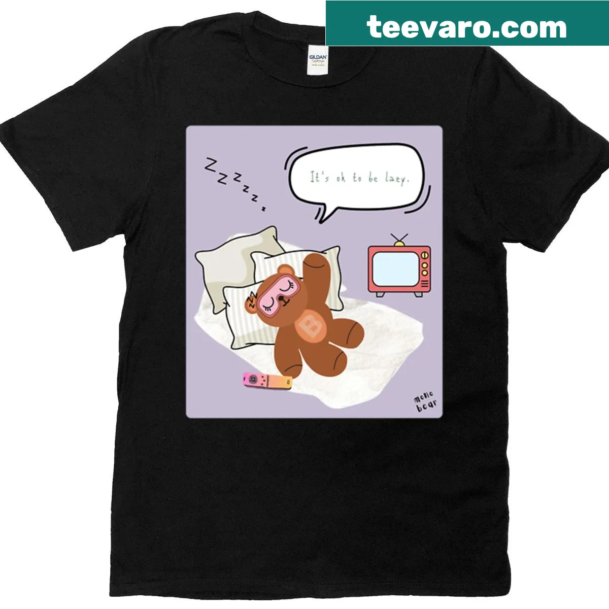 Oversized T-shirt featuring a purple bear and the text 'It's OK to be lazy' — on a men's t-shirt