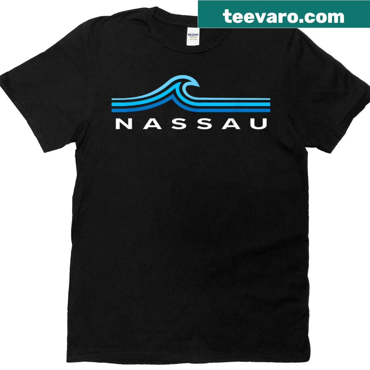 Vintage-style Nassau Bahamas T-shirt with wave graphics — on a men's t-shirt