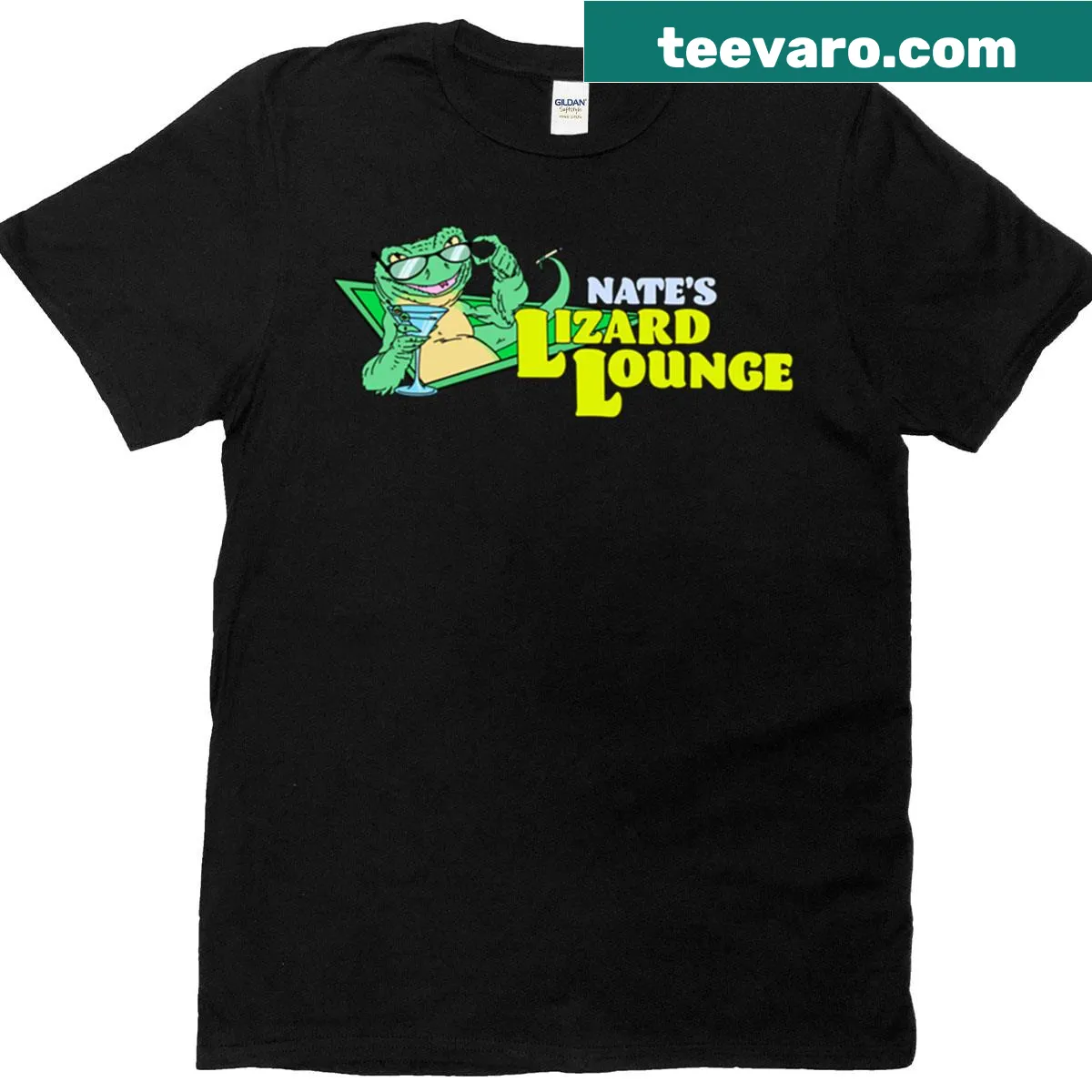 Playful lizard logo T-shirt for Nate's Lizard Lounge — on a men's t-shirt