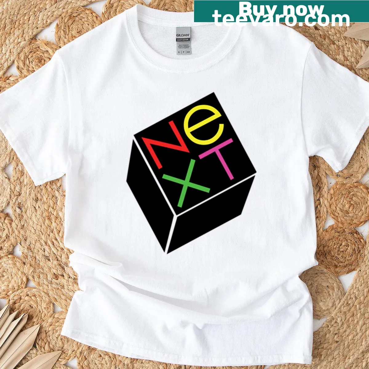 Minimalist line-art design of Next Computer logo on T-shirt — on a men's t-shirt